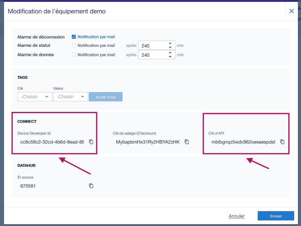 Clé API et identifiant appareil