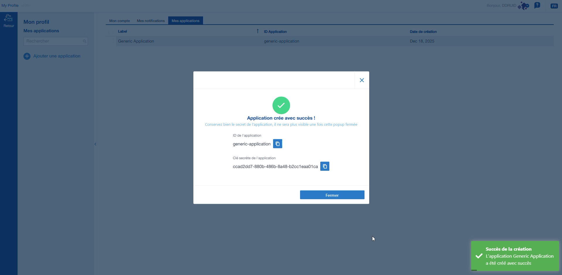 Identifiants de l'application créée