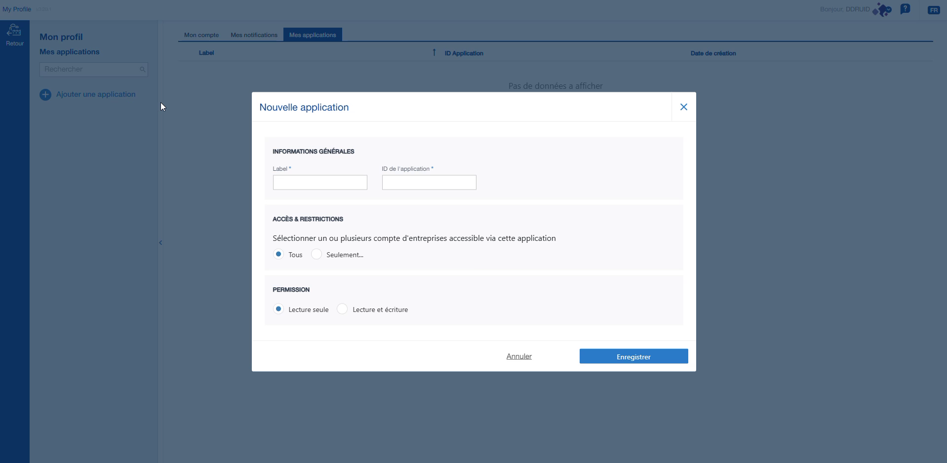 Formulaire de création d'une nouvelle application