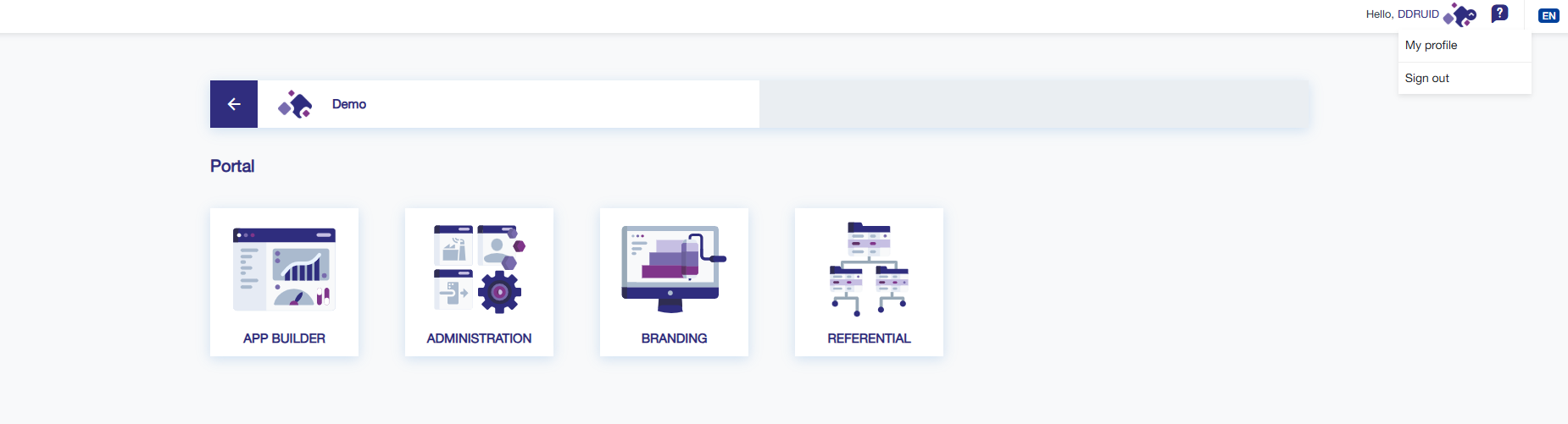Page d'accueil du portail avec les modules disponibles