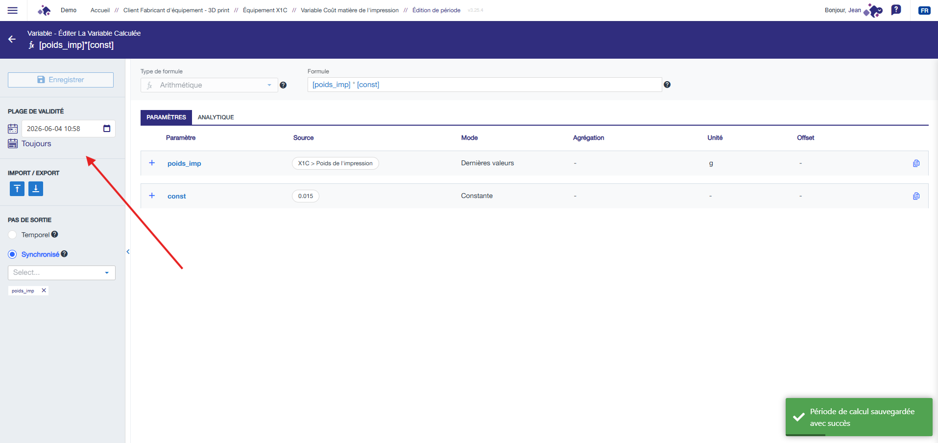 Définition de la formule sur la période temporelle sélectionnée
