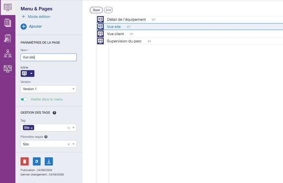 Menu & Pages : paramètres de la page Vue site avec la section Gestion des tags (Tag : Site, Périmètre requis : Site)