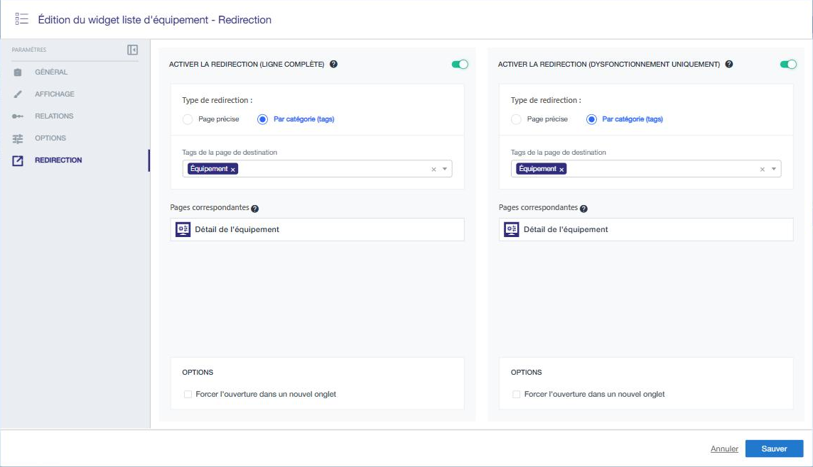 Onglet Redirection d'une liste d'équipements : deux redirections par catégorie vers le tag Équipement, page correspondante Détail de l'équipement