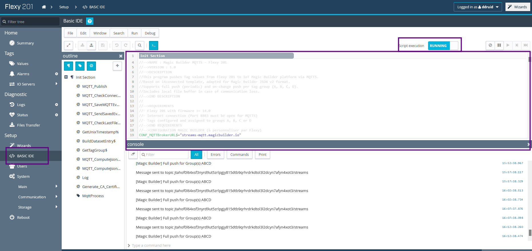 Interface BASIC IDE de l'Ewon Flexy avec le script Magic Builder en cours d'exécution